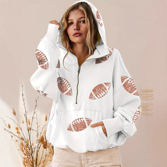 Damen Oversized Kapuzenpullover mit halbem Reißverschluss und Pailletten‑Football-Applikation Shop Nory
