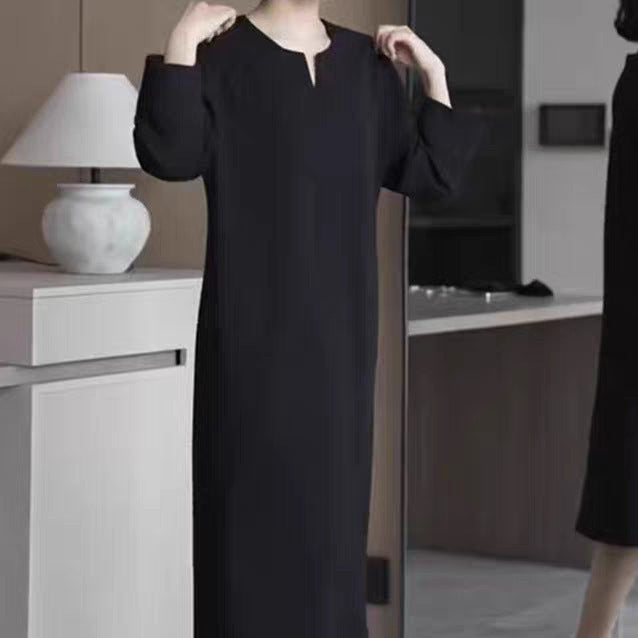Damen Schlichtes Midikleid mit V-Schlitz, dreiviertel-Ärmeln und geradem Fall Shop Nory