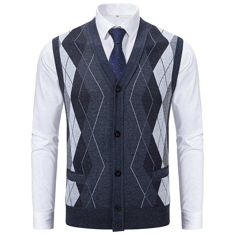 Herren Ärmellose Strickweste mit Rauten‑Muster, V‑Ausschnitt und Knopfleiste Shop Nory