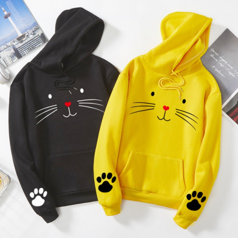 Damen nan Kapuzenpullover mit gedrucktem Katzenmotiv, Kängurutasche und Pfotenapplikationen Shop Nory
