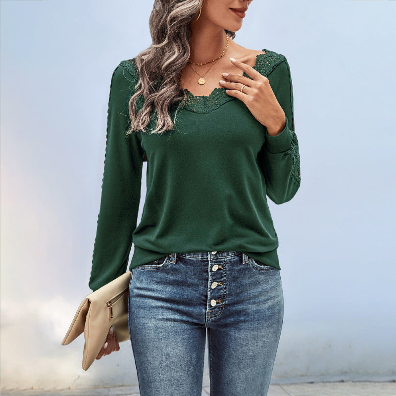 Damen Feinstrick-Longsleeve mit Spitzen-V-Ausschnitt und Spitzenbesatz an den Ärmeln Shop Nory