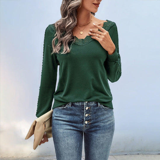 Damen Feinstrick-Longsleeve mit Spitzen-V-Ausschnitt und Spitzenbesatz an den Ärmeln Shop Nory