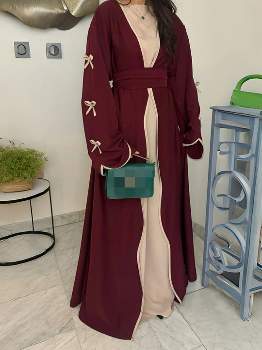 Damen nan elegante Abaya-Kaftan mit weitem Trompetenärmel, kontrastierender Passe und Wickelgürtel Shop Nory