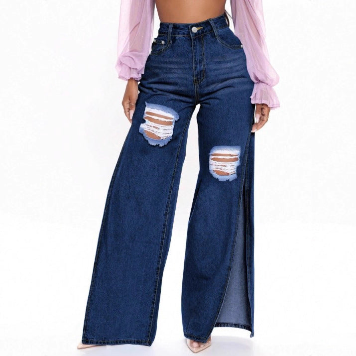 Damen Langer hochgeschnittener Denim-Maxirock mit seitlichem Oberschenkelschlitz und Used-Details Shop Nory