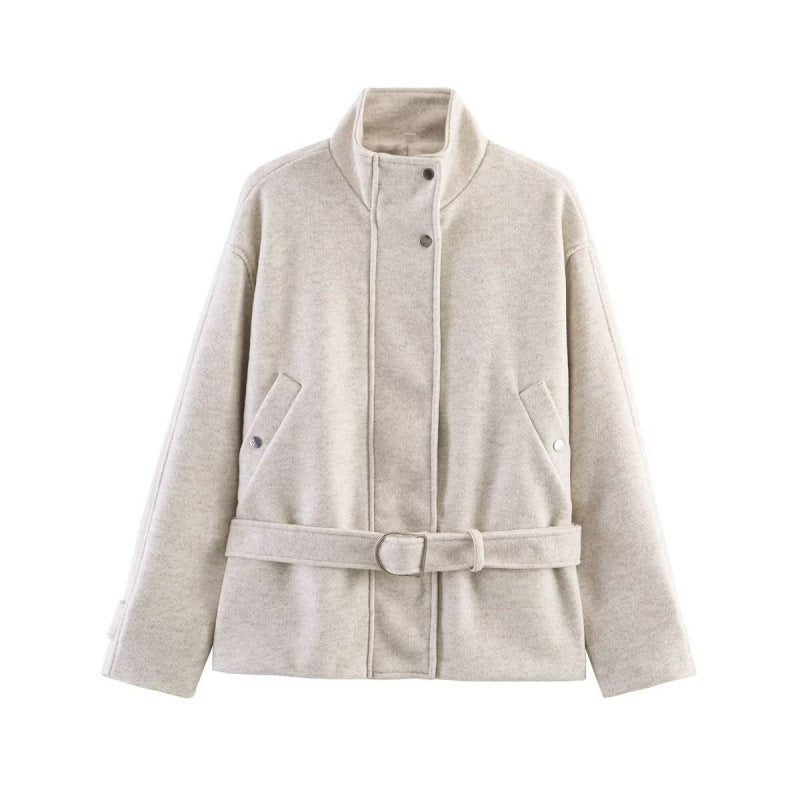 Damen Taillierter Wollmix-Kurzmantel mit Stehkragen und Bindegürtel Shop Nory