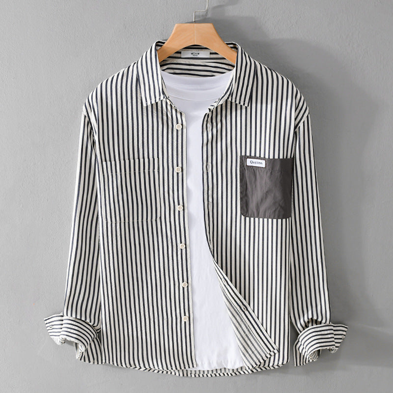 Herren Gestreiftes Langarm-Overshirt aus Baumwollmix mit kontrastierter Brusttasche Shop Nory
