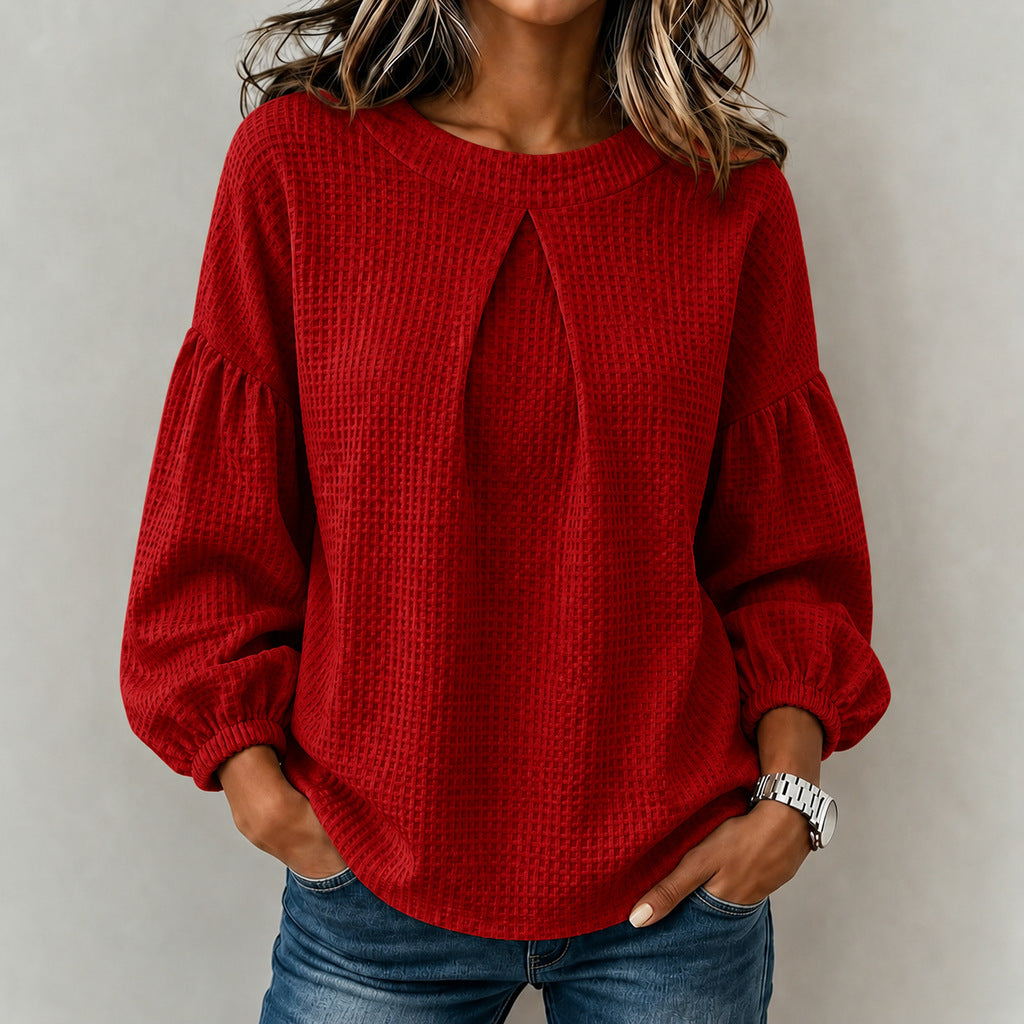Damen Waffelstrick-Longsleeve mit Balloonärmeln und Vordernaht-Schlitz Shop Nory