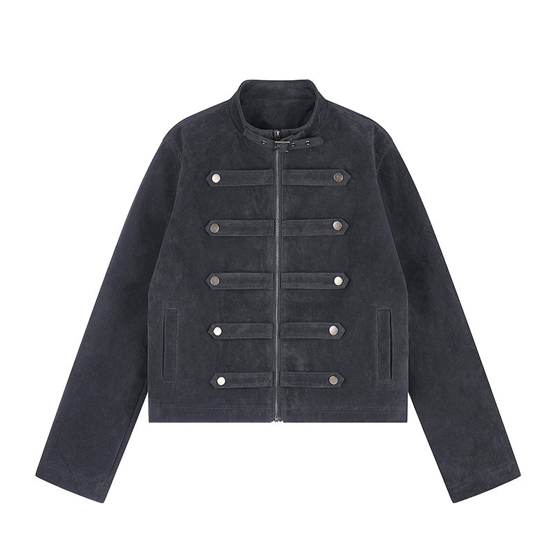 Damen Kurzjacke aus Veloursleder im militärischen Stil mit Stehkragen und Zierriegeln Shop Nory