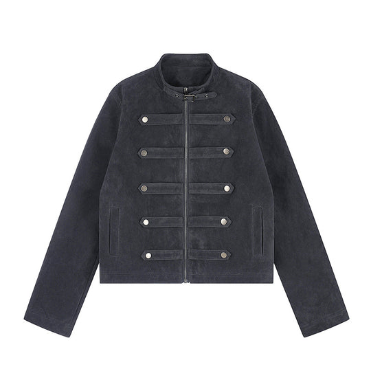 Damen Kurzjacke aus Veloursleder im militärischen Stil mit Stehkragen und Zierriegeln Shop Nory