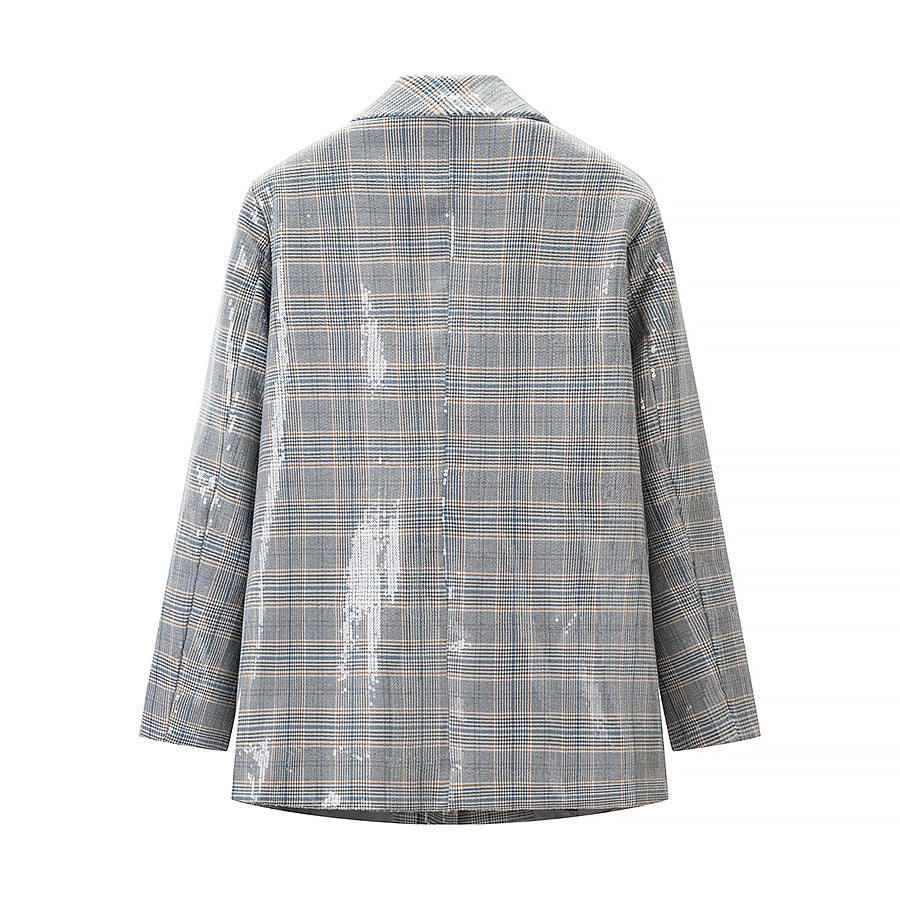 Damen Oversize Glencheck-Blazer mit einreihiger Knopfleiste, Pattentaschen und dezentem Paillettenbesatz Shop Nory