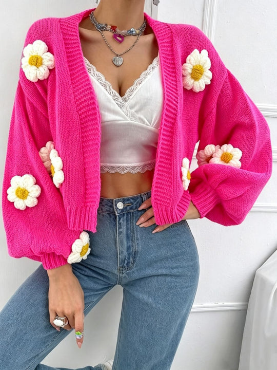 Damen Kurzgeschnittener Grobstrick-Cardigan mit 3D-Blütenapplikationen Shop Nory