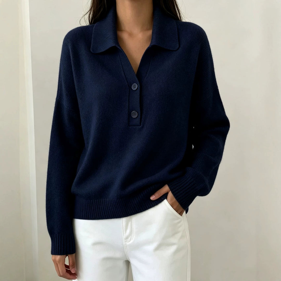 Damen Polokragen-Pullover mit halber Knopfleiste und geripptem Saum Shop Nory