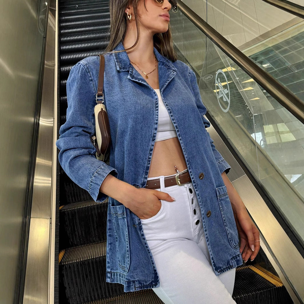 Damen Longline-Denimjacke mit lässigem Oversize-Schnitt und aufgesetzten Taschen Shop Nory