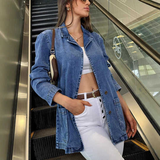 Damen Longline-Denimjacke mit lässigem Oversize-Schnitt und aufgesetzten Taschen Shop Nory