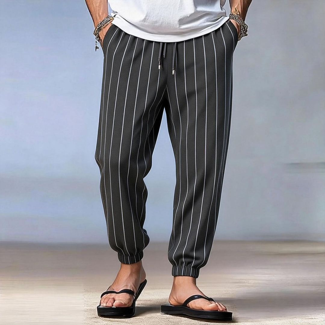 Herren gestreifte Jogger-Chino mit Tunnelzug, Bügelfalte und elastischen Knöchelbündchen Shop Nory