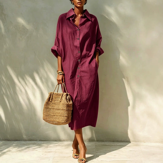 Damen Langes Oversize-Hemdblusenkleid mit Kentkragen und durchgehender Knopfleiste Shop Nory