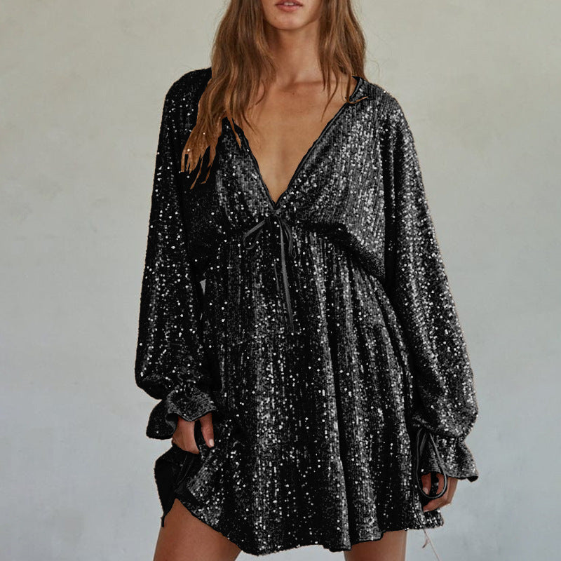 Damen Funkelndes Festkleid mit V-Ausschnitt und Rüschendetails