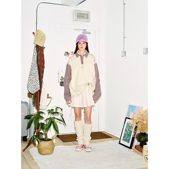 Unisex Oversize Langarm-Poloshirt mit karierten Ärmeln, Hemdkragen und dekorativen Steppnähten Shop Nory