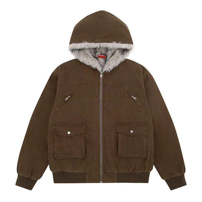 Damen wattierte Kapuzenjacke mit kunstfellfutter, Cargo‑Taschen und elastischen Bündchen Shop Nory