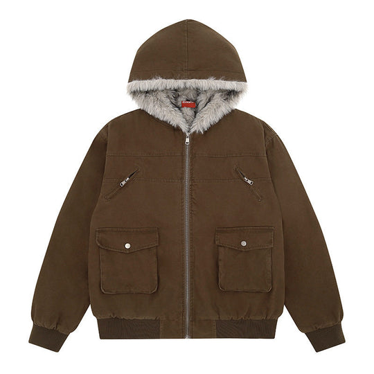 Damen wattierte Kapuzenjacke mit kunstfellfutter, Cargo‑Taschen und elastischen Bündchen Shop Nory