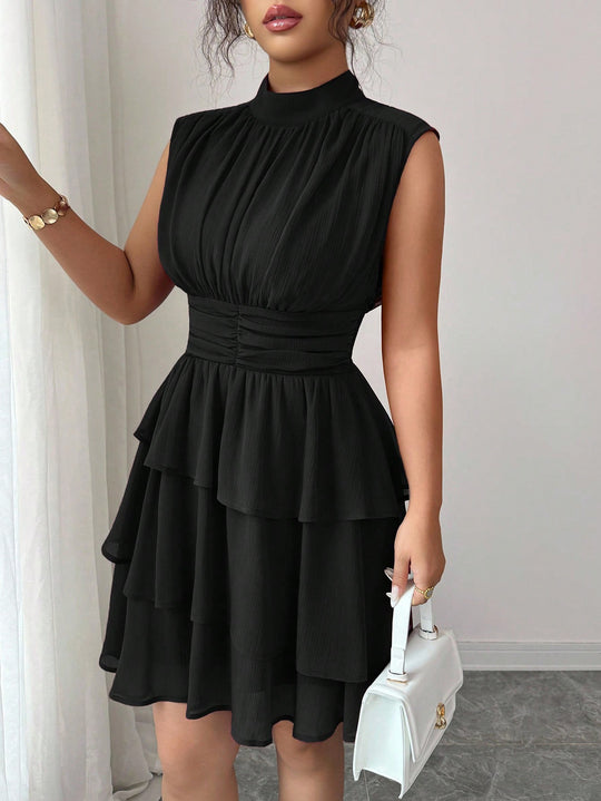 Damen Ärmelloses Chiffon-Stufenkleid mit Stehkragen und taillierter Raffung Shop Nory