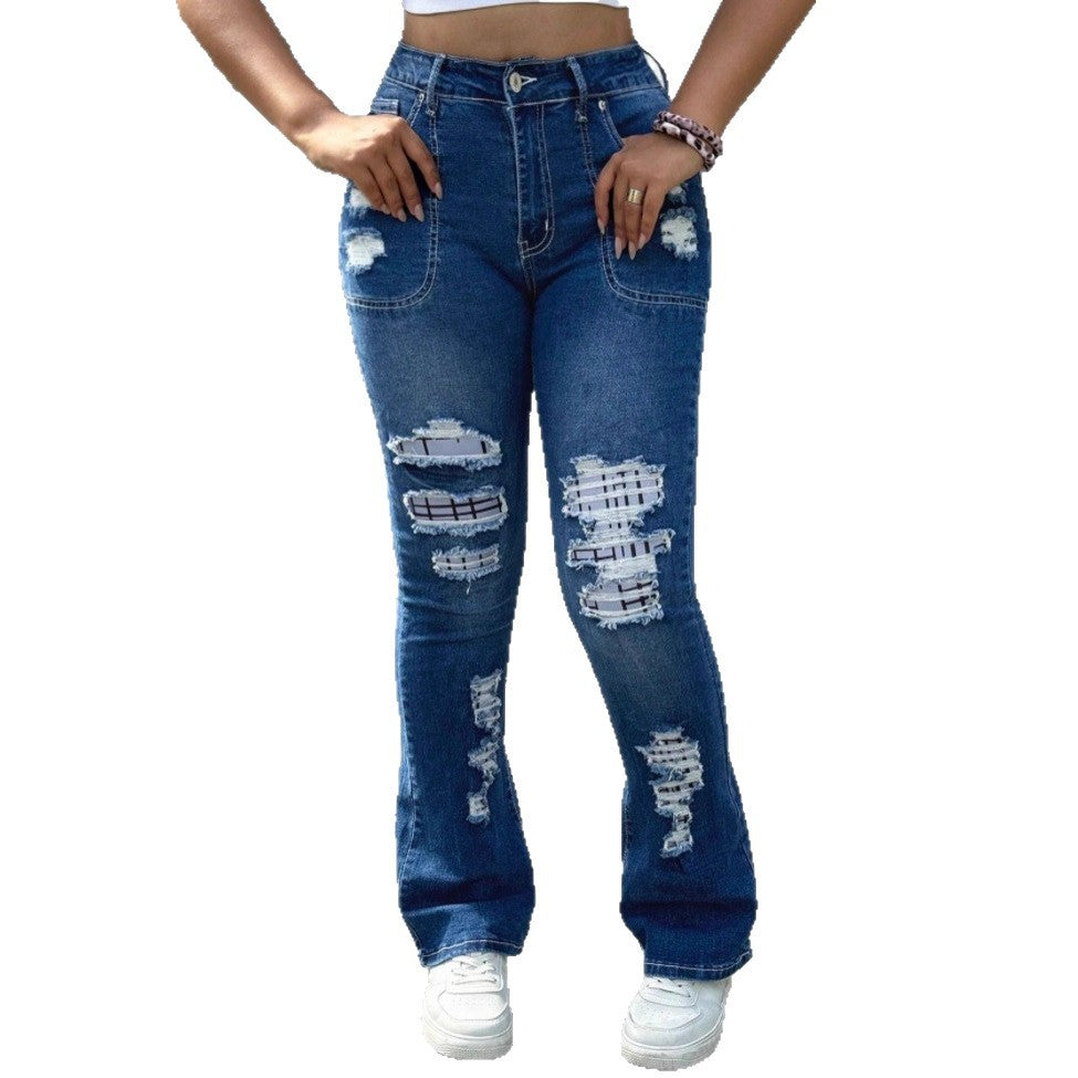 Damen Taillenbetonte Distressed Bootcut-Jeans mit formenden Nähten und Knie-Rissen Shop Nory