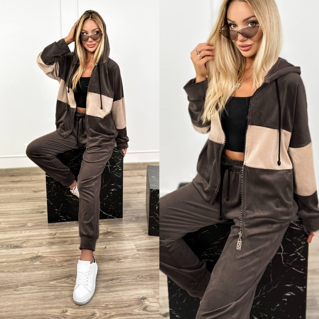 Damen kuscheliger Velours-Zweiteiler Trainingsanzug mit Reißverschluss-Kapuze und hochgeschnittener Jogger Shop Nory