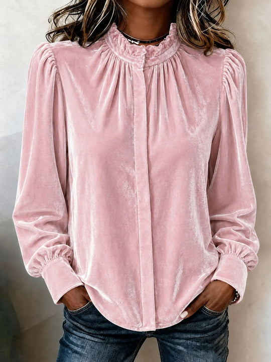 Damen Samtbluse mit Rüschen-Stehkragen, verdeckter Knopfleiste und gerafften Ballonärmeln Shop Nory