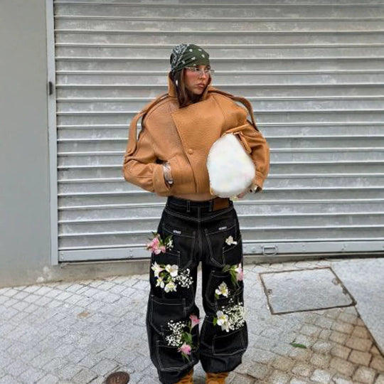 Damen Cropped Oversize-Jacke aus strukturiertem Kunstleder mit hohem Stehkragen Shop Nory