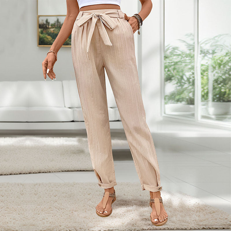 Damen Leichte Paperbag-Hose mit Taillenschleife, geradem Bein und Krempelbund Shop Nory