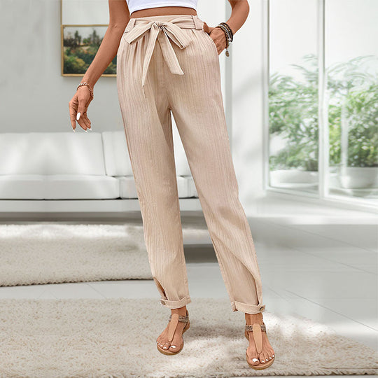 Damen Leichte Paperbag-Hose mit Taillenschleife, geradem Bein und Krempelbund Shop Nory