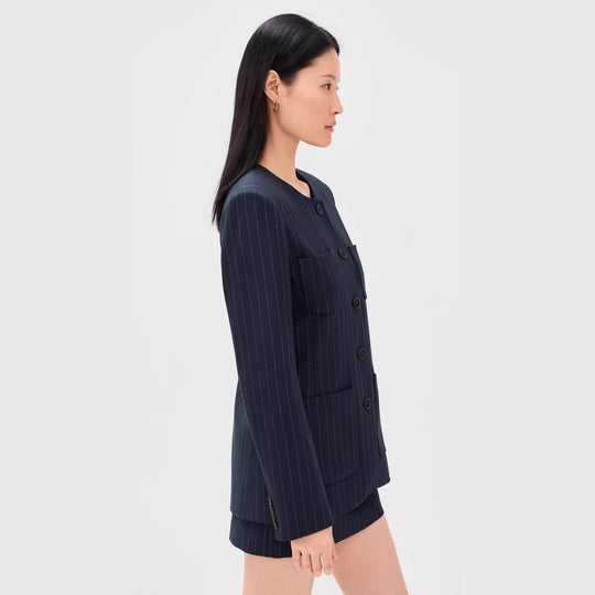 Damen Zweiteiliges Nadelstreifen-Tailoring-Set mit kragenlosem Blazer und hochgeschnittenem Minirock Shop Nory