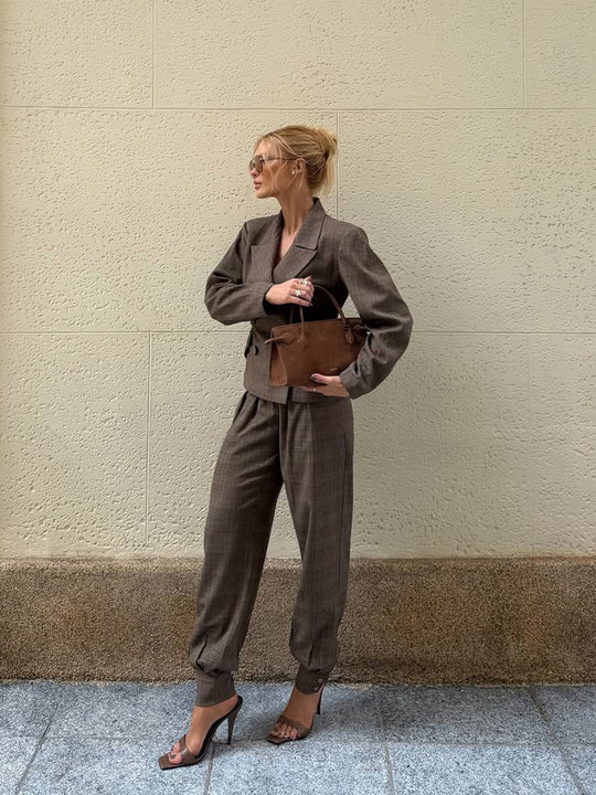 Damen Taillierter zweiteiliger Blazer- und Hosenanzug im Glencheck-Muster Shop Nory