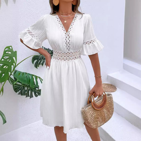 Damen Midikleid mit Plissee, Spitzeneinsatz in der Taille und Volantärmeln Shop Nory