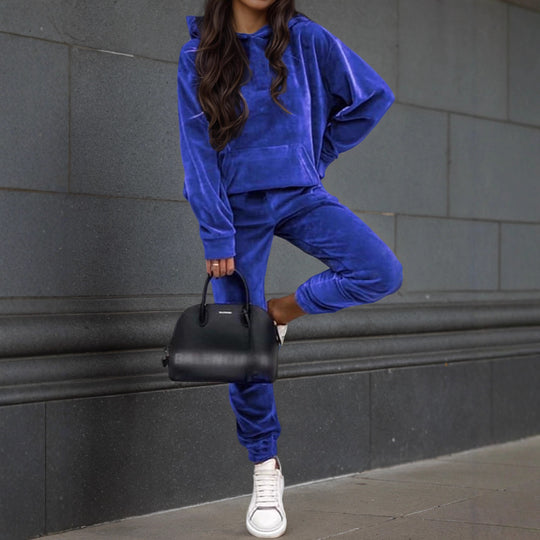 Damen Samt-Jogginganzug mit Kapuzenhoodie, Kängurutasche und elastischer Bündchenhose Shop Nory
