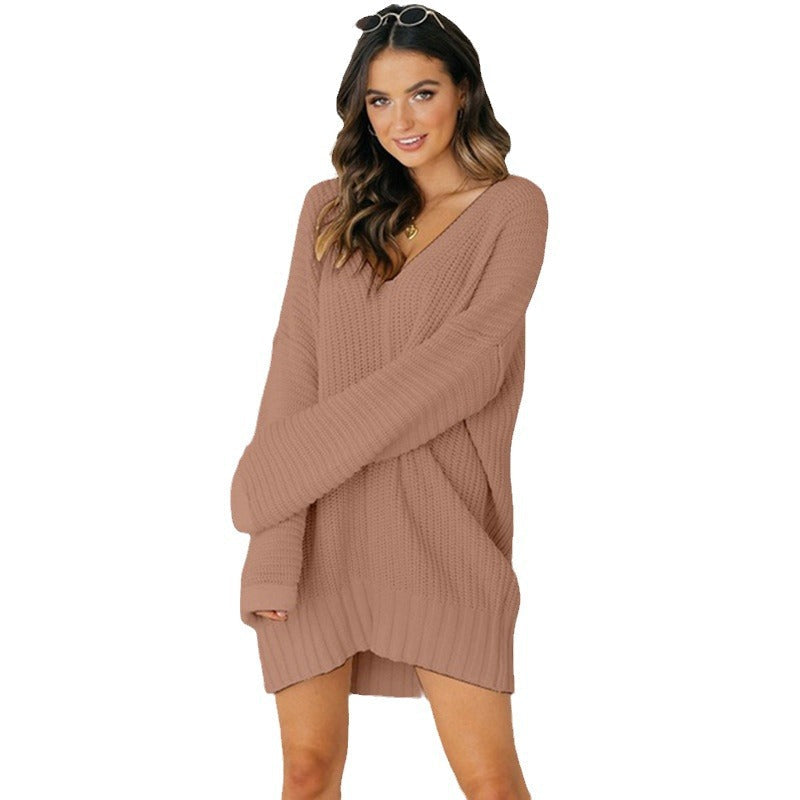 Damen Grobstrick Pulloverkleid mit V-Ausschnitt und lässigem Schnitt