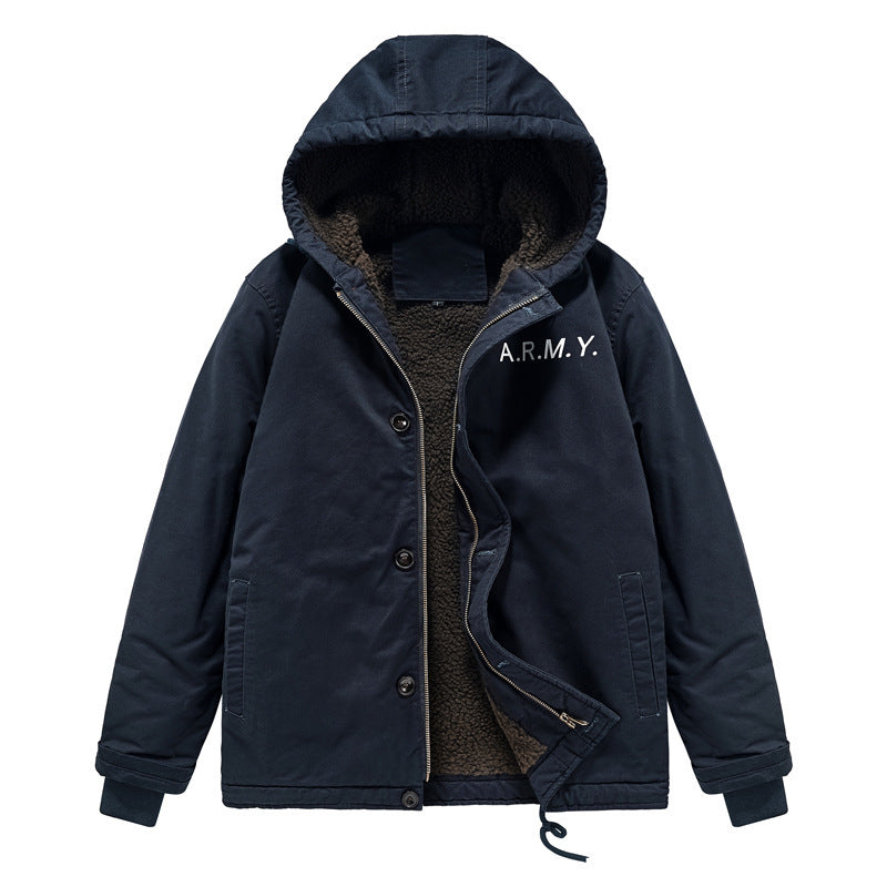 Herren wattierte Kapuzenjacke im Canvas‑Look mit Sherpa‑Futter und Militärprint Shop Nory