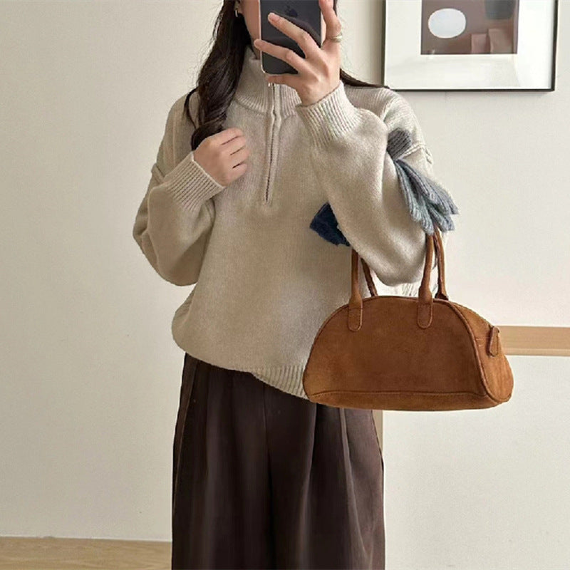 Damen lässiger Pullover mit kurzem Reißverschluss und entspannter Passform Shopnory