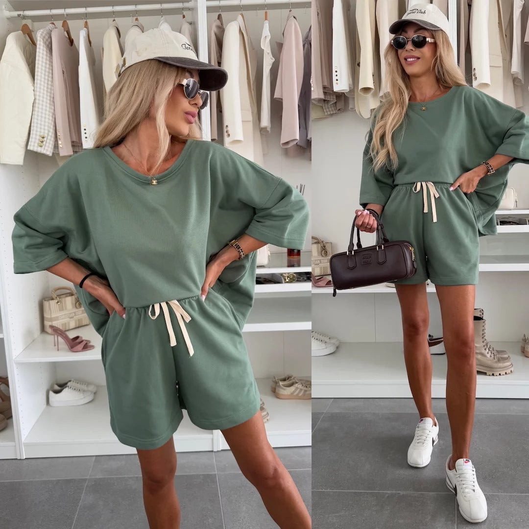 Damen lässiges Kurzarm Set aus Oversized Oberteil und Shorts Shopnory