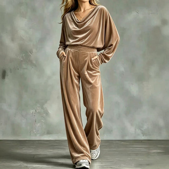 Damen Samt-Loungewear-Set mit Wasserfallkragen, weitem Palazzo-Schnitt und Eingrifftaschen Shop Nory