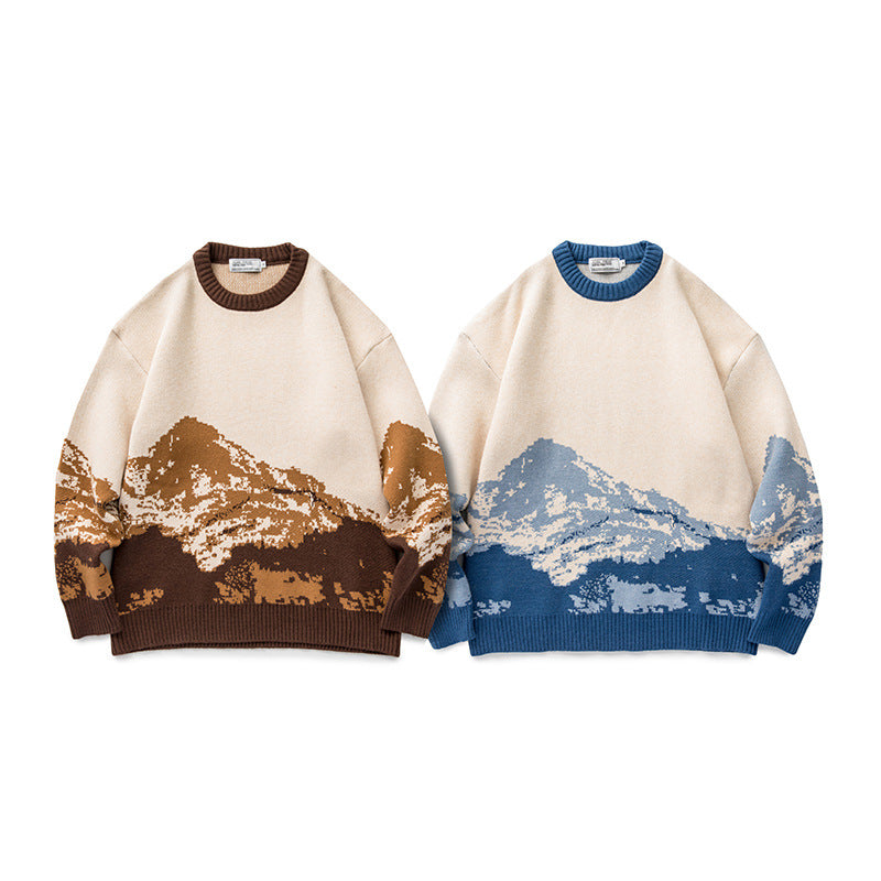 Unisex Oversize-Strickpullover mit Bergjacquard und geripptem Rundhalsausschnitt Shop Nory