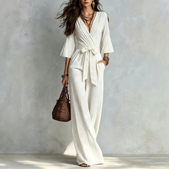 Damen Jumpsuit Wickel-Optik mit weitem Bein, Taillengürtel und Glockenärmeln Shop Nory