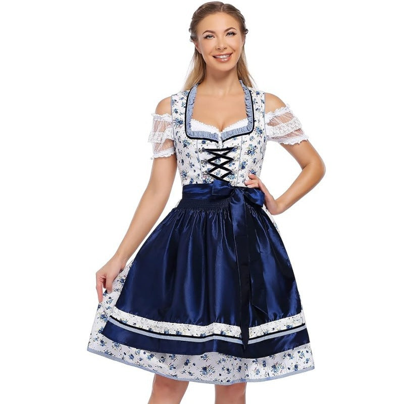 Damen nan traditionelles Dirndlkleid mit Schnürung, floraler Baumwollqualität und Schleifen-Schürze Shop Nory