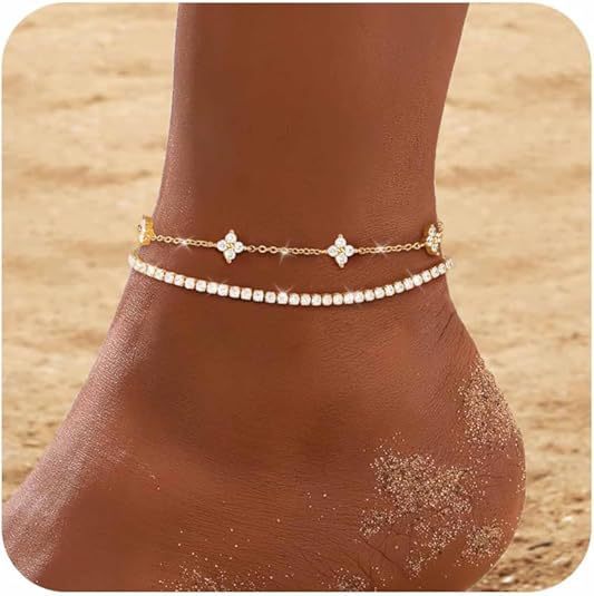 Damen Fußkettchen mit funkelnden Zirkonia-Elementen und eleganten Verzierungen Shop Nory
