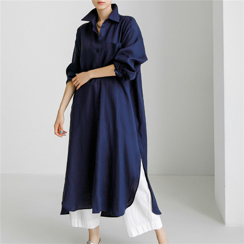 Damen Langes Leinen‑Hemdkleid mit kastiger Oversize‑Silhouette und Seitenschlitzen Shop Nory