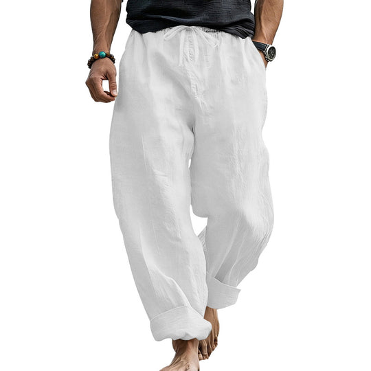 Herren Locker geschnittene Leinen-Loungehose mit Kordelzug, Umschlagsaum und Taschen Shop Nory