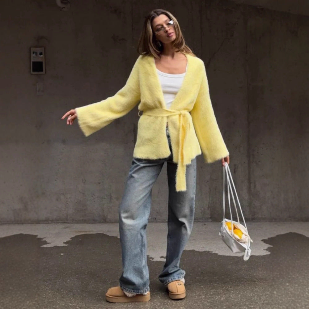 Damen Flauschige Strickjacke mit Gürtel Shop Nory