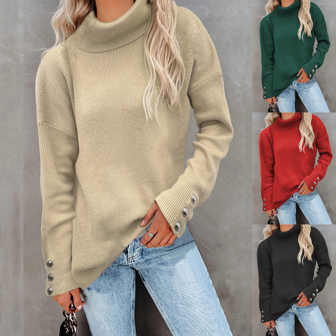 Damen Gerippter Rollkragenpullover mit Oversize-Schnitt und Zierknopfmanschetten Shop Nory