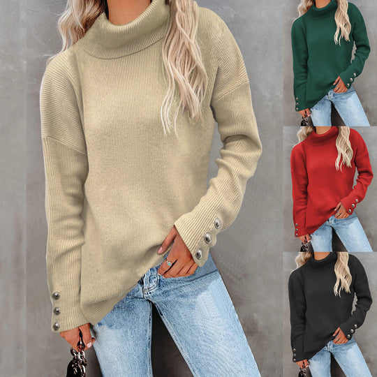 Damen Gerippter Rollkragenpullover mit Oversize-Schnitt und Zierknopfmanschetten Shop Nory