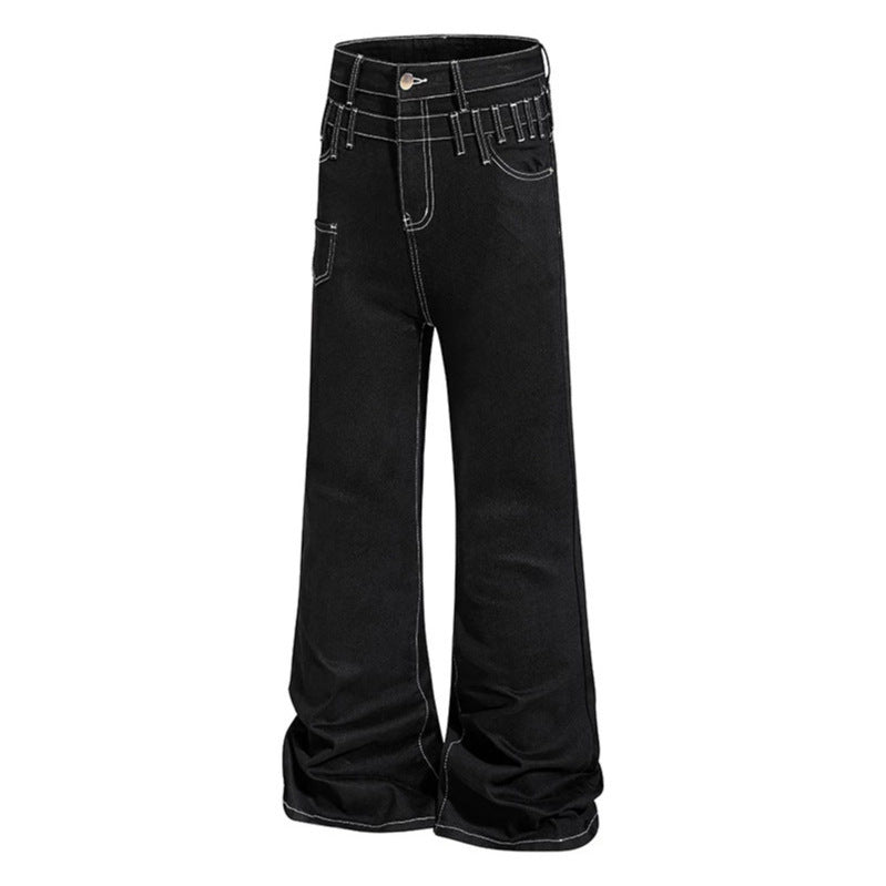 Damen hochgeschnittene Schlagjeans mit weitem Bein, Utility-Tasche und Kontrastnähten Shop Nory